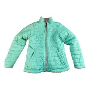 The North Face Girls puffer jacket coat reversible teal gray sz lg 14/16